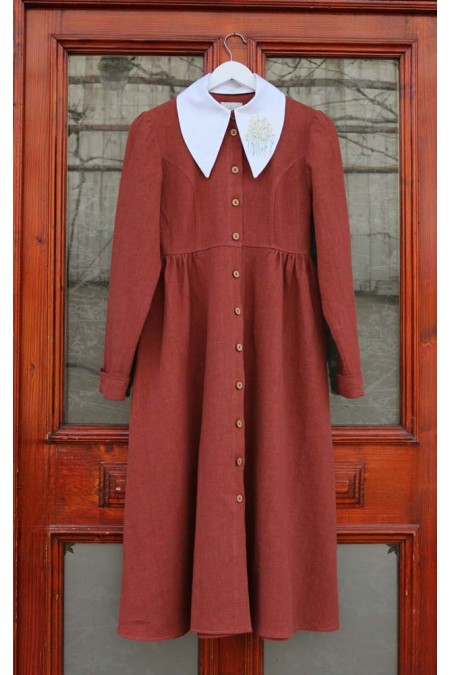 Rochie din in terra cu guler simetric brodat musetel